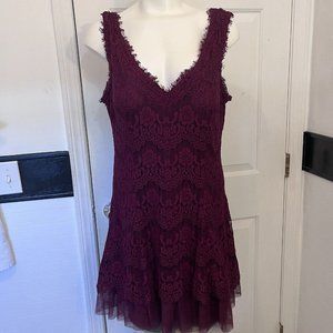 Betsy Adam Burgundy Red V Neck Lace Overlay Tulle Fit Flare Party Dress 14